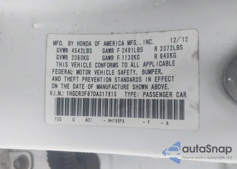 2013 Honda Accord Exl z USA, uszkodzony, nr VIN 1HGCR3F87DA017915